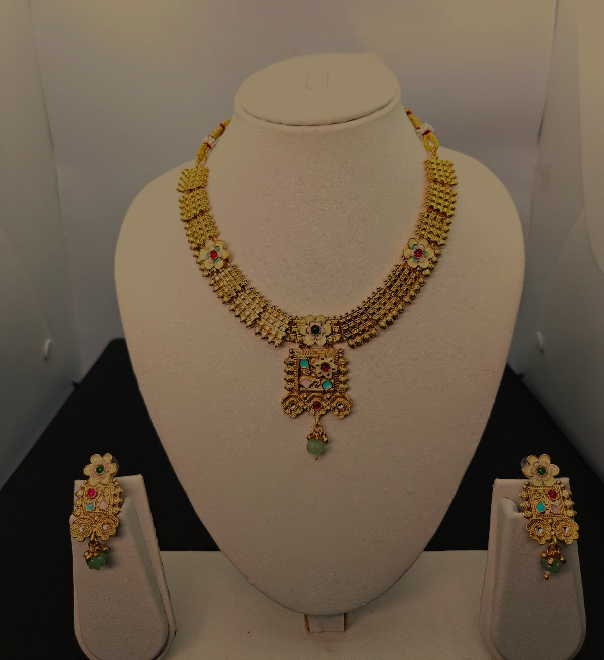 Ethnic Gold-Plated Non-Idol Necklace Set for Women - Antique Finish / Minakari