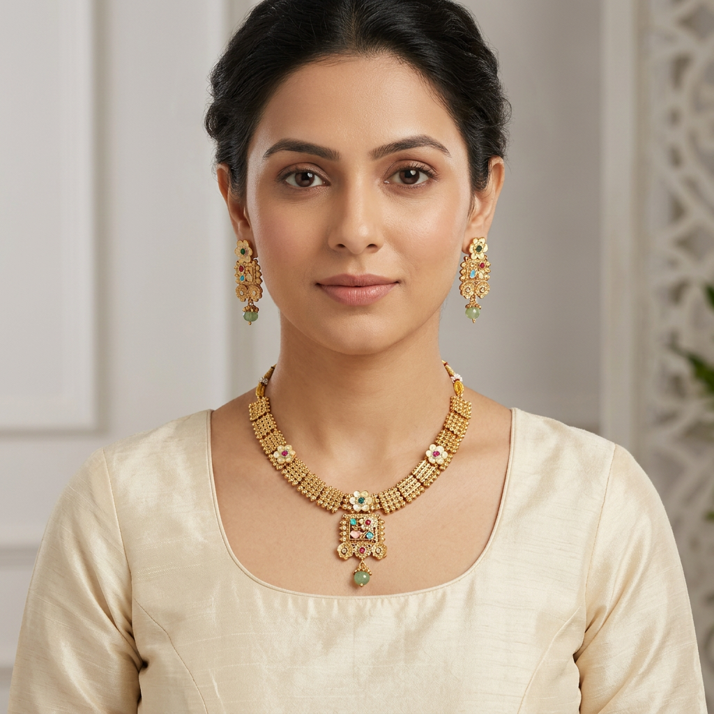 Ethnic Gold-Plated Non-Idol Necklace Set for Women - Antique Finish / Minakari
