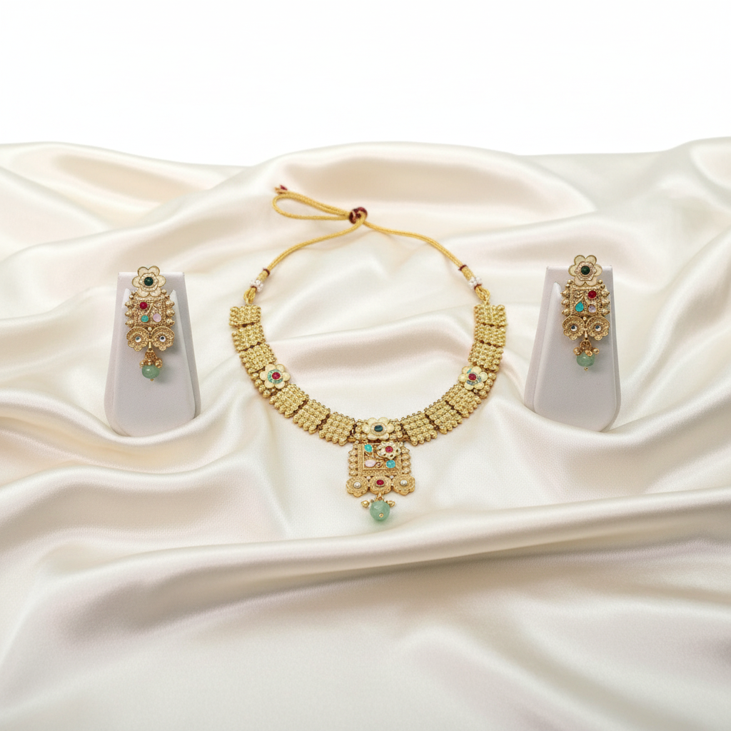 Ethnic Gold-Plated Non-Idol Necklace Set for Women - Antique Finish / Minakari