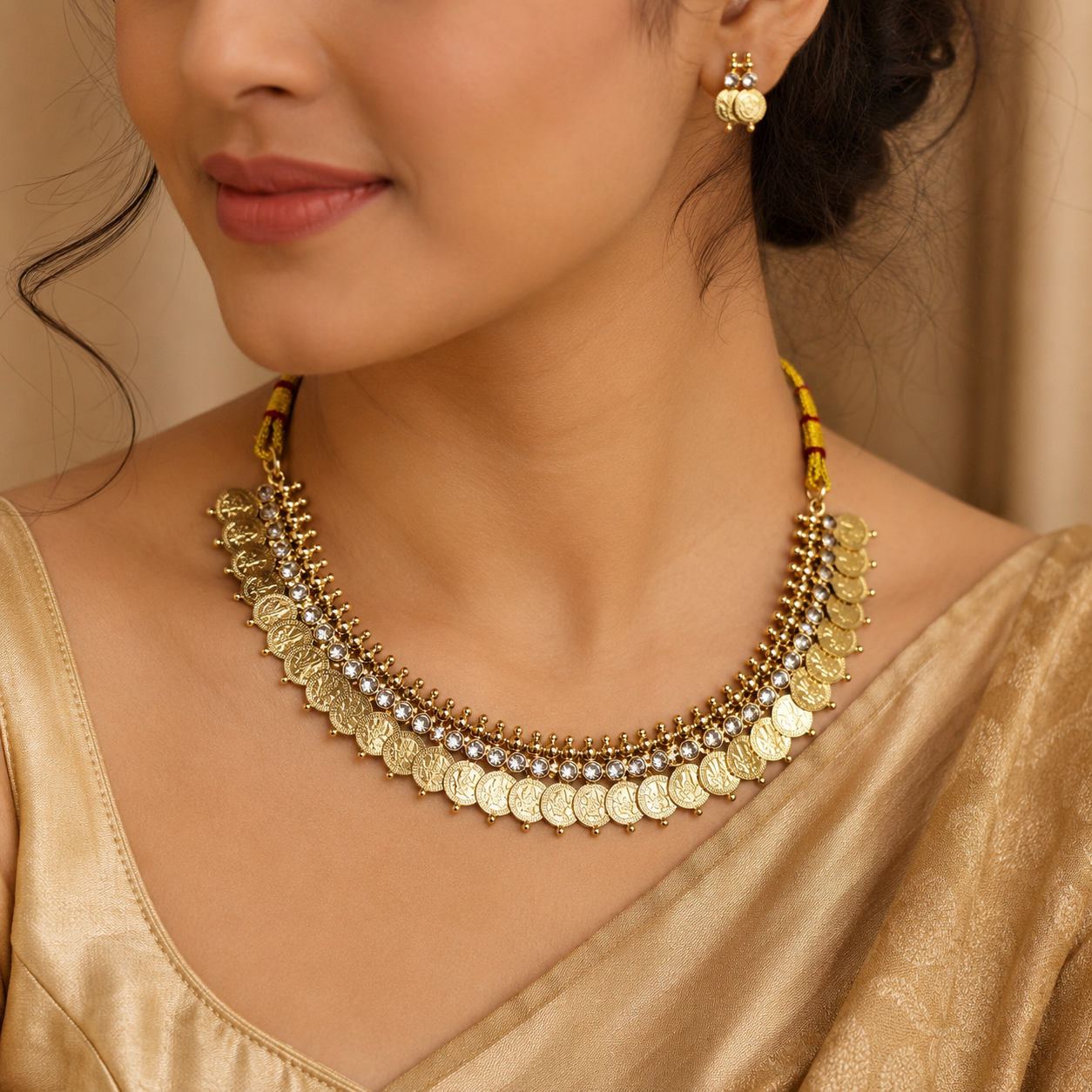 Ethnic Gold-Plated Kasumala, Lakshmi Jewelry Set for Women - Glossy Finish