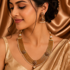 Ethnic Gold-Plated Multi-Strand Necklace with Pearl Drop for Women - Glossy Finish / Non-Idol