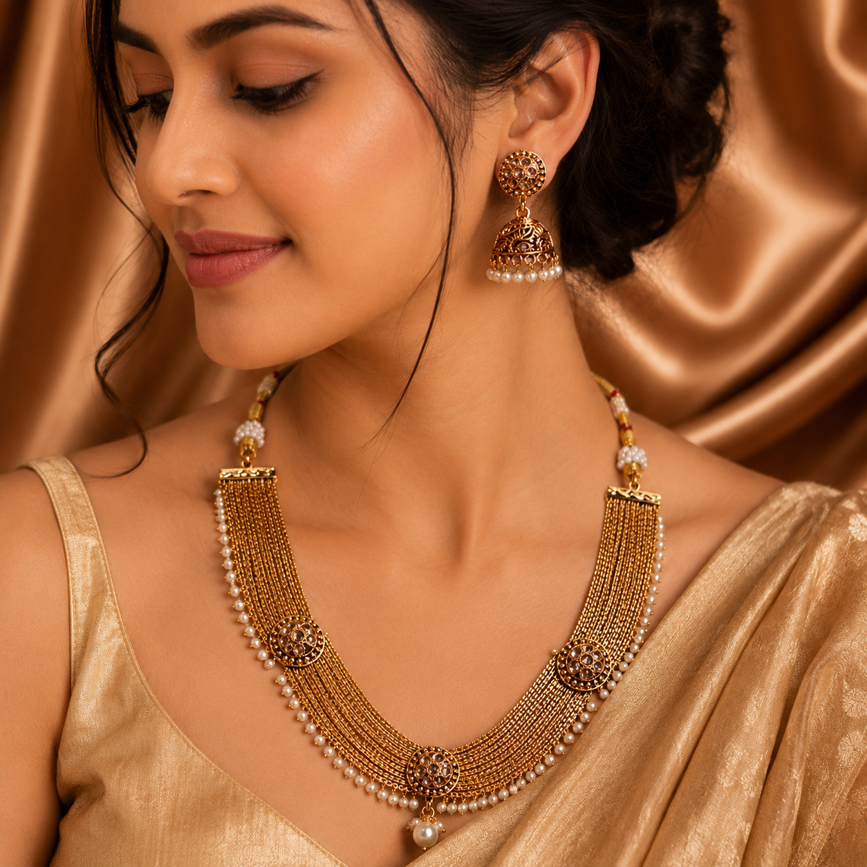 Ethnic Gold-Plated Multi-Strand Necklace with Pearl Drop for Women - Glossy Finish / Non-Idol