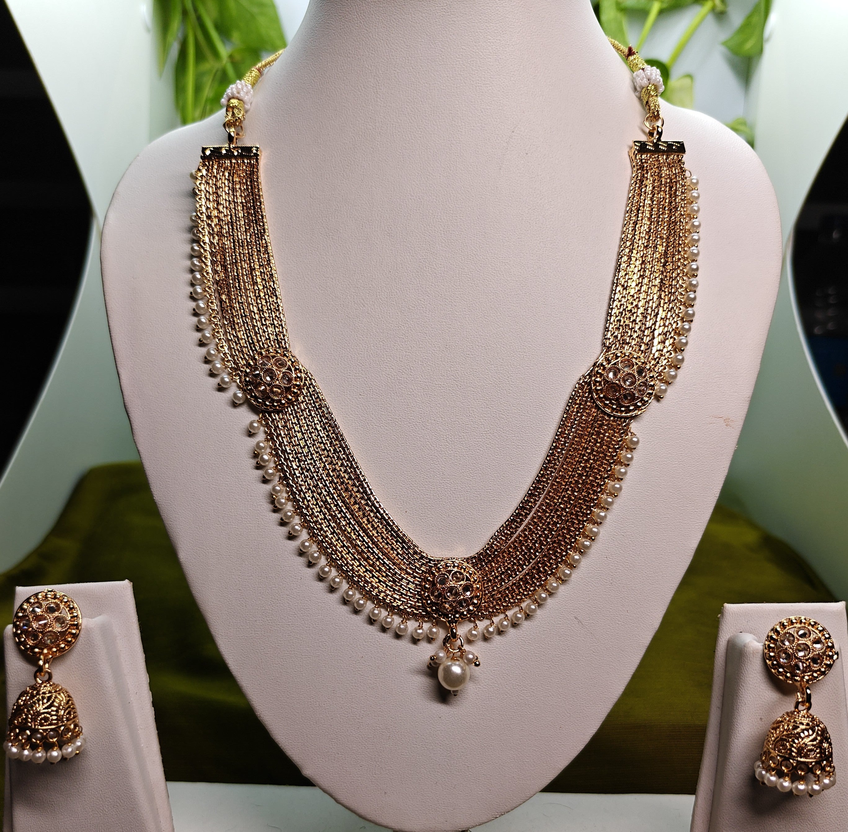 Ethnic Gold-Plated Multi-Strand Necklace with Pearl Drop for Women - Glossy Finish / Non-Idol