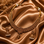 Ethnic Gold-Plated Double Bead Coin Necklace with Floral Earrings Jewelry Set for Women - Antique Finish / Non-Idol