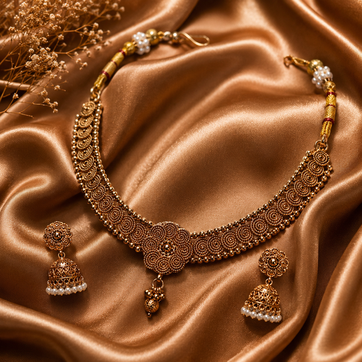 Ethnic Gold-Plated Double Bead Coin Necklace with Floral Earrings Jewelry Set for Women - Antique Finish / Non-Idol
