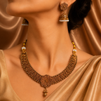 Ethnic Gold-Plated Double Bead Coin Necklace with Floral Earrings Jewelry Set for Women - Antique Finish / Non-Idol