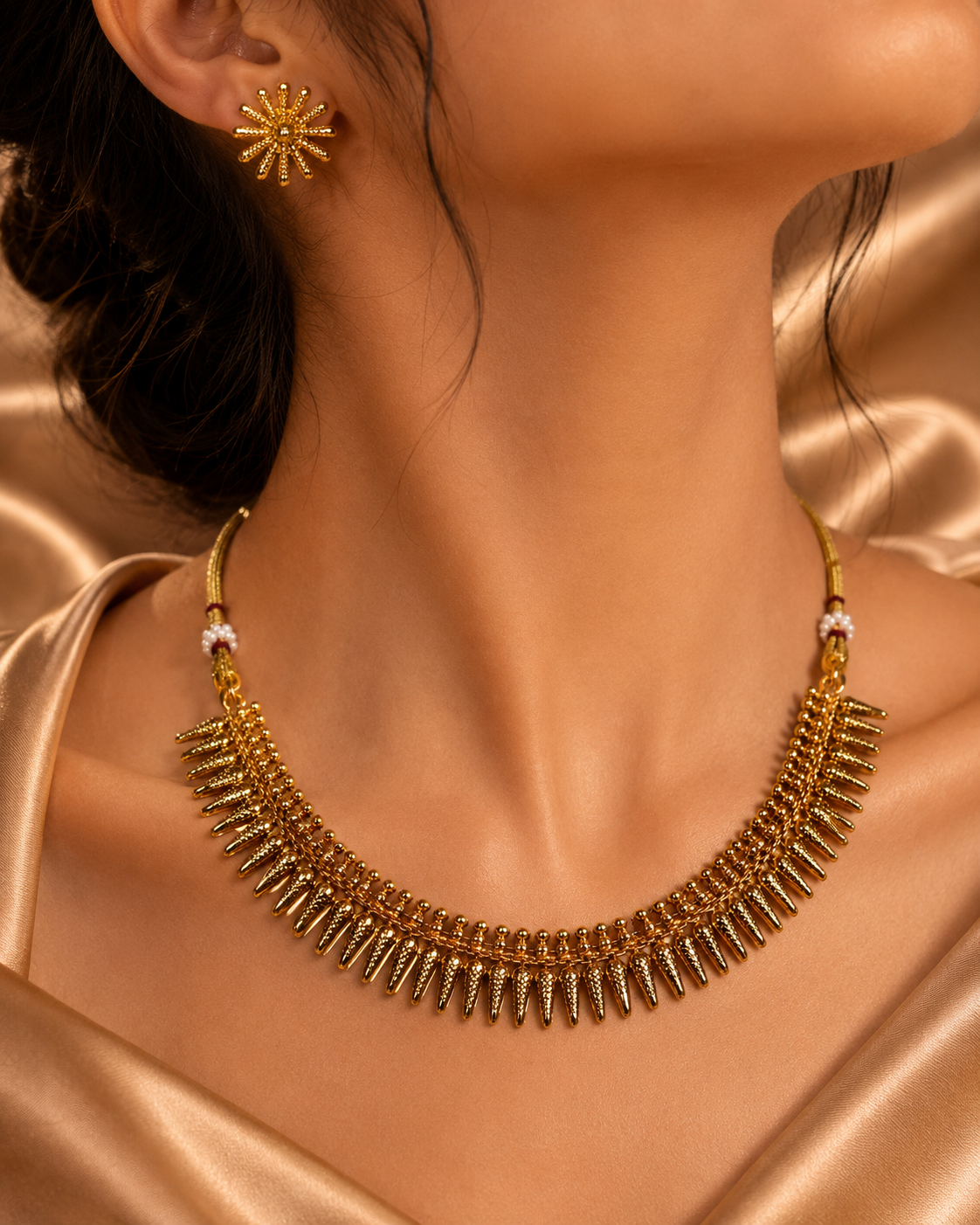 Ethnic Gold-Plated South Indian Mulamottu Mala with Matching Earrings for Women - Antique Finish / Non-Idol