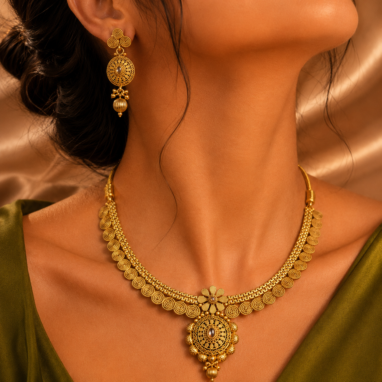 Ethnic Gold-Plated Spiral Coin Pendant Style Jewelry Set for Women - Glossy Finish / Non-Idol