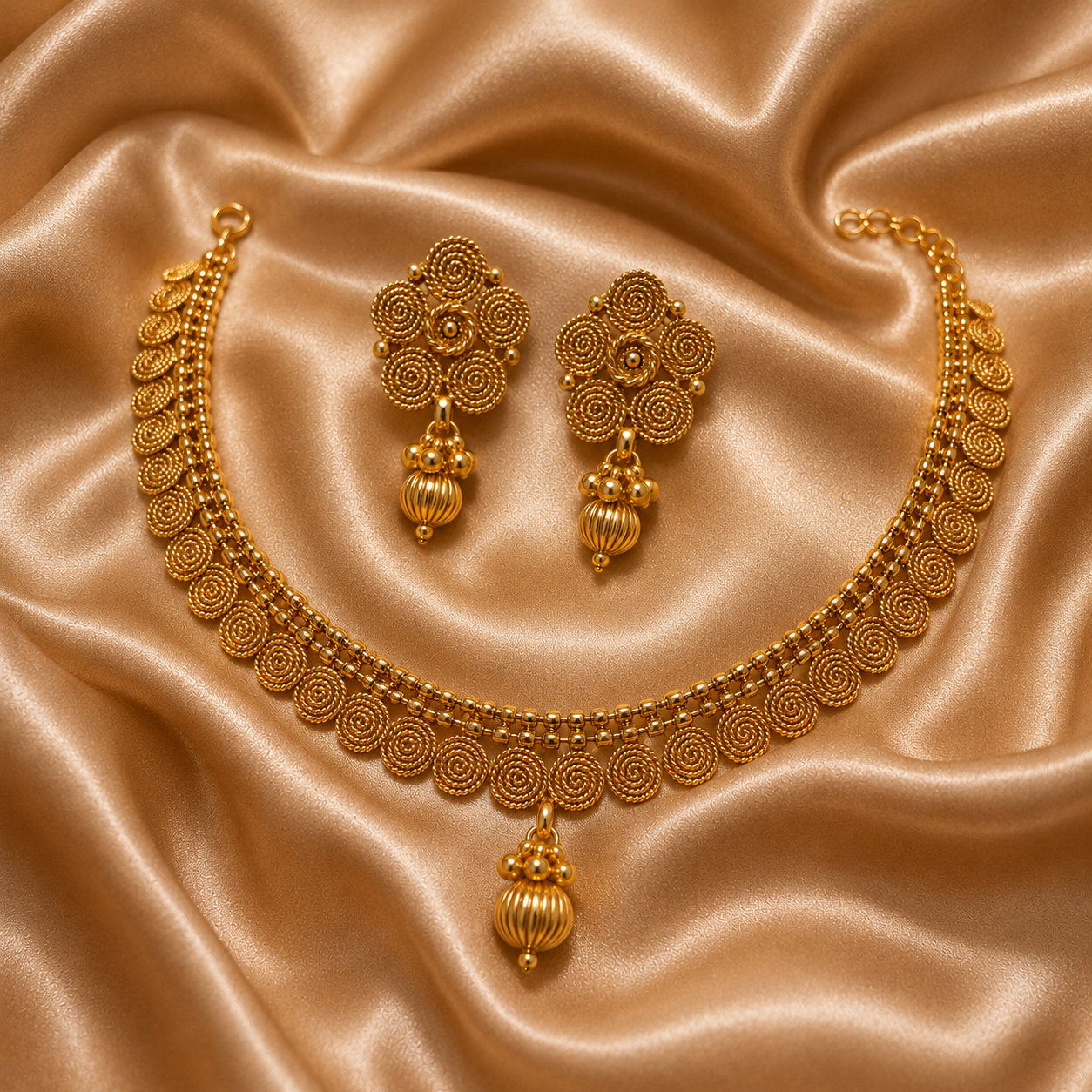 Ethnic Gold-Plated Spiral Coin Double Bead Style Jewelry Set for Women - Glossy Finish / Non-Idol