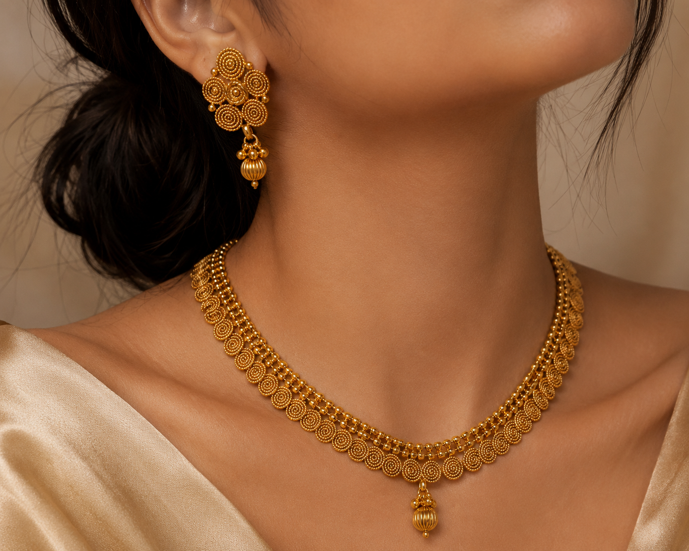 Ethnic Gold-Plated Spiral Coin Double Bead Style Jewelry Set for Women - Glossy Finish / Non-Idol