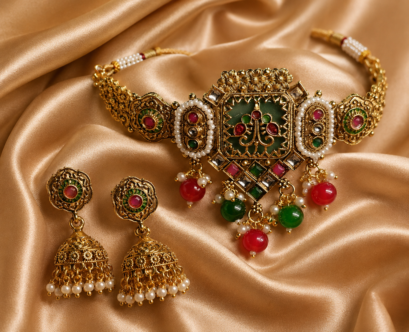 Ethnic Gold-Plated Rajwadi Kundan Choker Set, Minakari Style Jewelry Set for Women - Antique Finish / Non-Idol