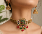Ethnic Gold-Plated Rajwadi Kundan Choker Set, Minakari Style Jewelry Set for Women - Antique Finish / Non-Idol