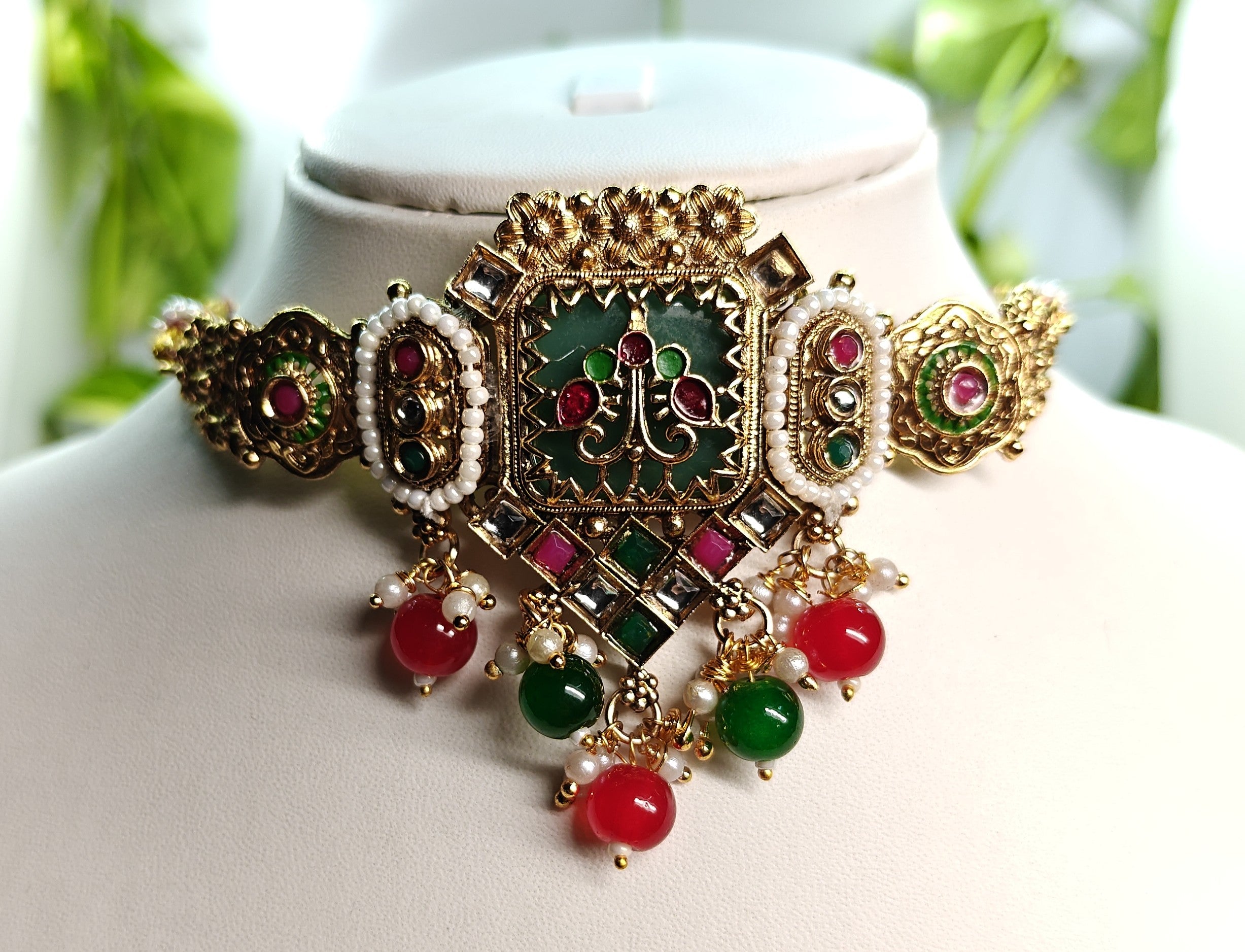 Ethnic Gold-Plated Rajwadi Kundan Choker Set, Minakari Style Jewelry Set for Women - Antique Finish / Non-Idol