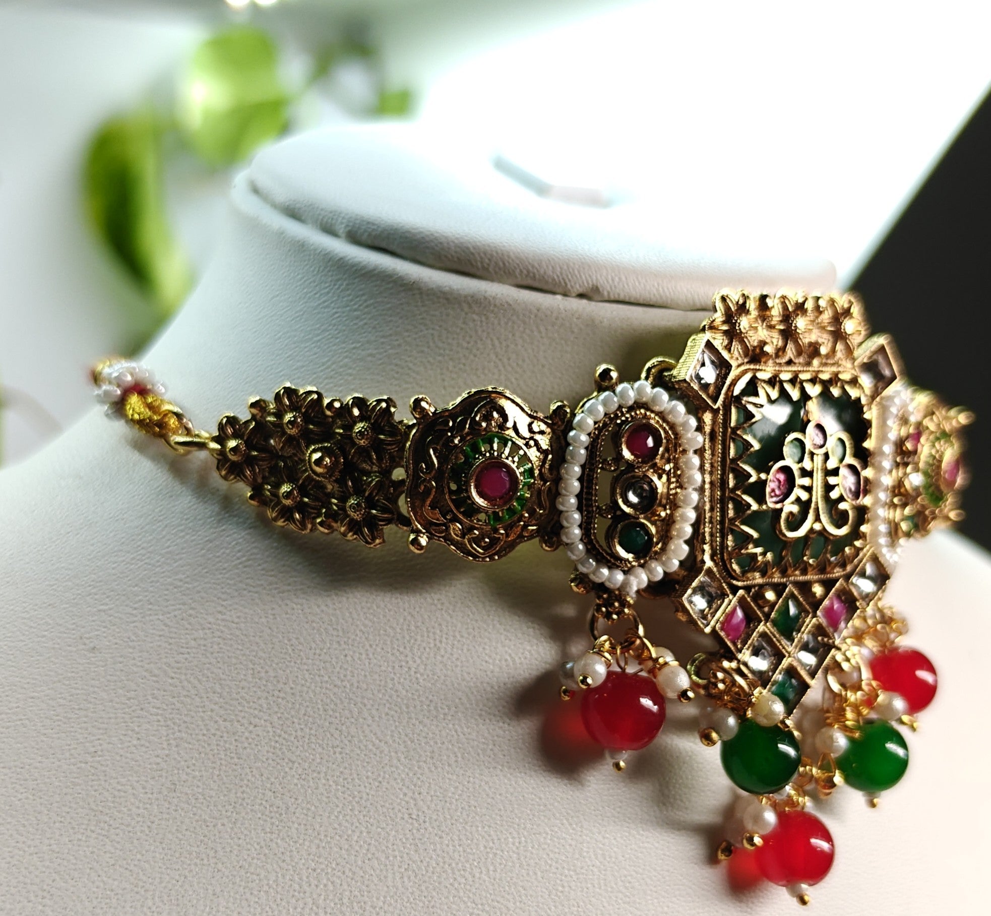 Ethnic Gold-Plated Rajwadi Kundan Choker Set, Minakari Style Jewelry Set for Women - Antique Finish / Non-Idol