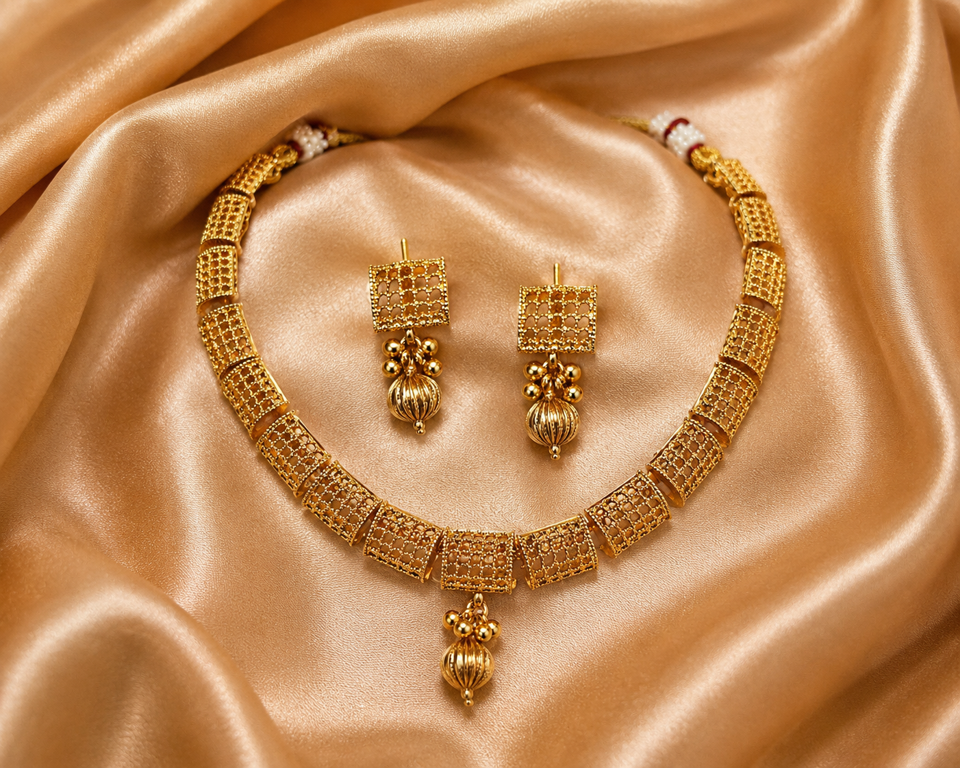 Ethnic Gold-Plated Rajwadi Filigree Choker Set Jewelry Set for Women - Glossy Finish / Non-Idol