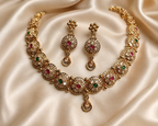Ethnic Gold-Plated Antique Round Buta (Motif) Choker with Kemp Stones Set for Women - Antique Finish / Non-Idol