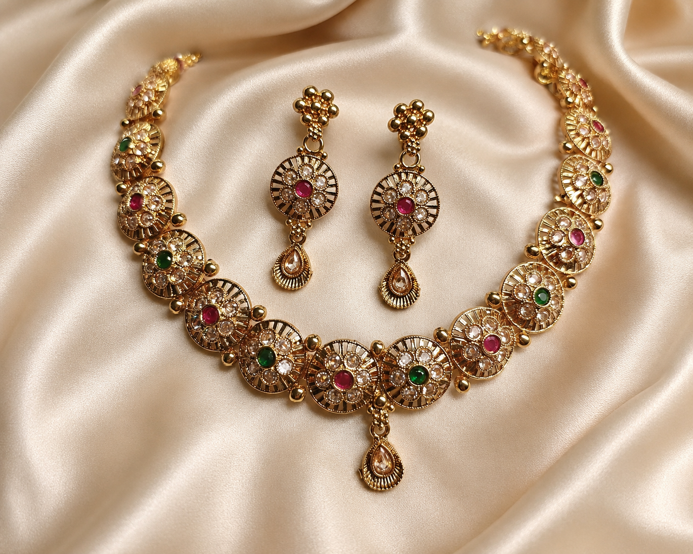 Ethnic Gold-Plated Antique Round Buta (Motif) Choker with Kemp Stones Set for Women - Antique Finish / Non-Idol