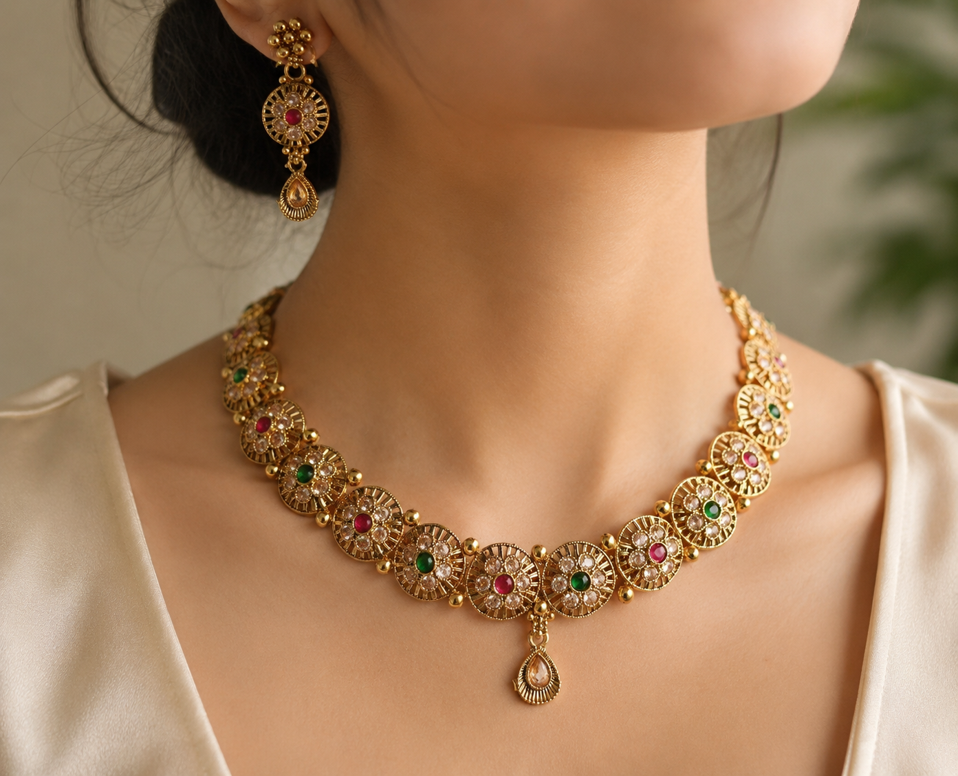 Ethnic Gold-Plated Antique Round Buta (Motif) Choker with Kemp Stones Set for Women - Antique Finish / Non-Idol
