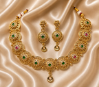 Ethnic Gold-Plated Antique Round Buta (Motif), Coin Style Choker with Kemp Stones Set for Women - Antique Finish / Non-Idol