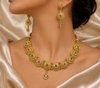 Ethnic Gold-Plated Antique Round Buta (Motif), Coin Style Choker with Kemp Stones Set for Women - Antique Finish / Non-Idol