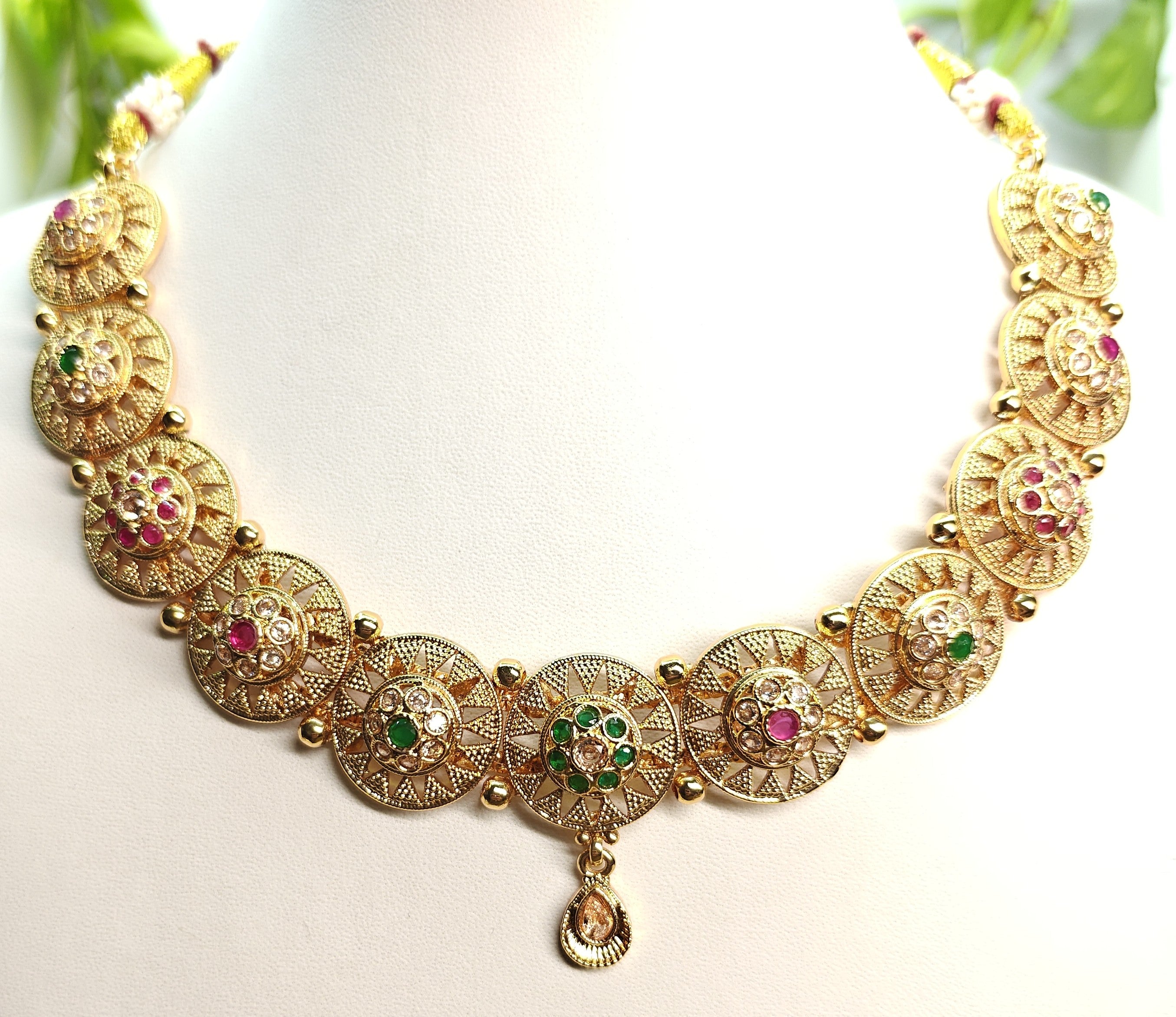 Ethnic Gold-Plated Antique Round Buta (Motif), Coin Style Choker with Kemp Stones Set for Women - Antique Finish / Non-Idol
