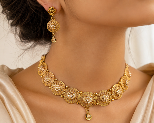 Ethnic Gold-Plated Antique Round Buta (Motif), Coin Style Choker with Kemp Stones Set for Women - Antique Finish / Non-Idol
