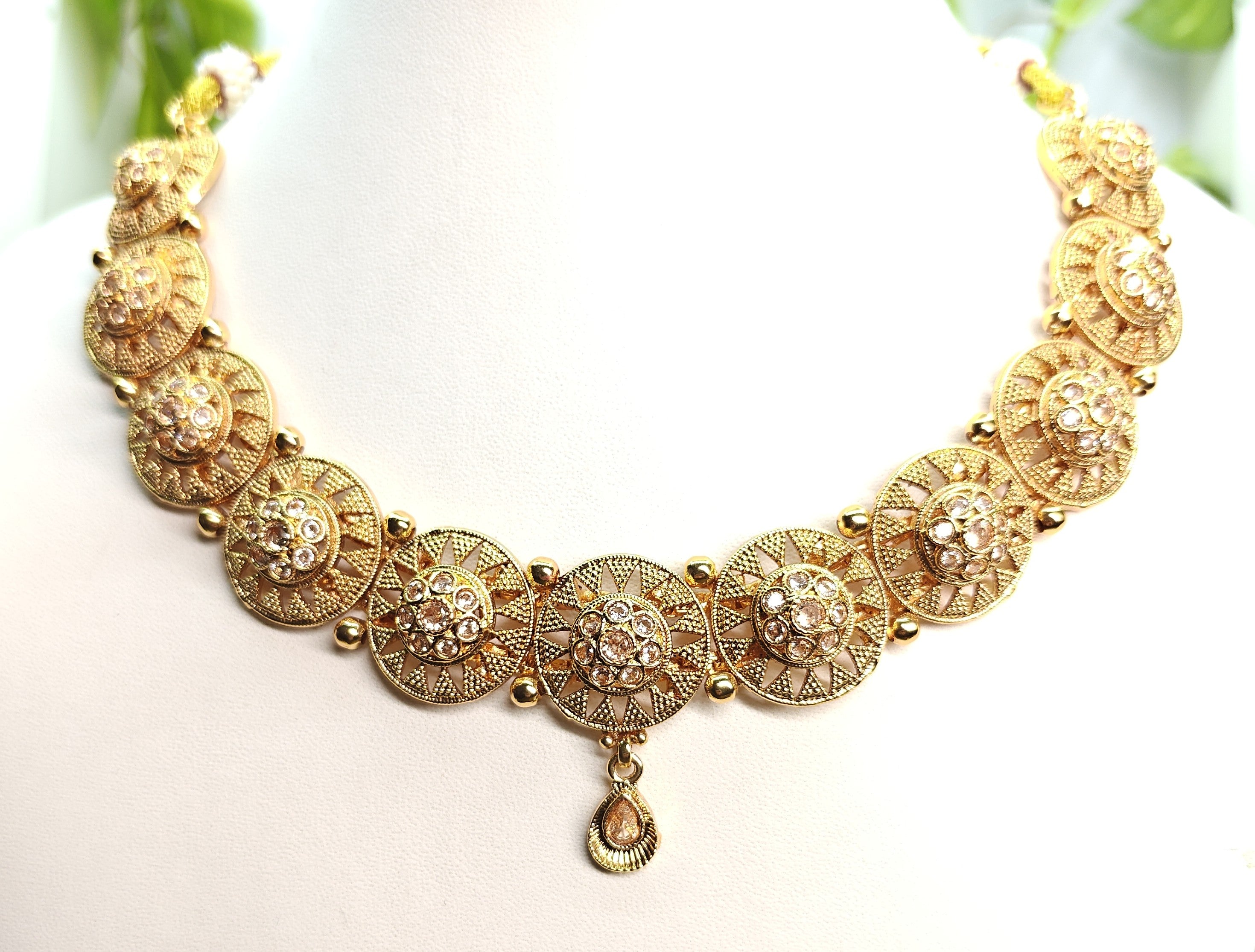 Ethnic Gold-Plated Antique Round Buta (Motif), Coin Style Choker with Kemp Stones Set for Women - Antique Finish / Non-Idol