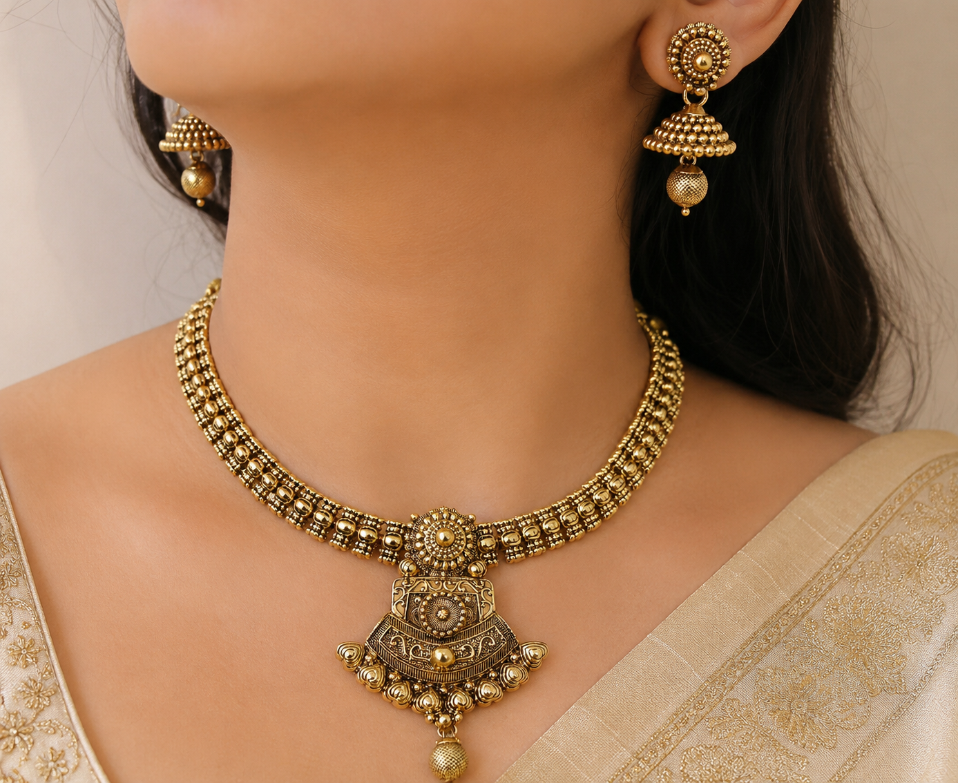 Ethnic Gold-Plated Traditional Antique Gold Choker with Shield Style Pendant Set for Women - Antique Finish / Non-Idol