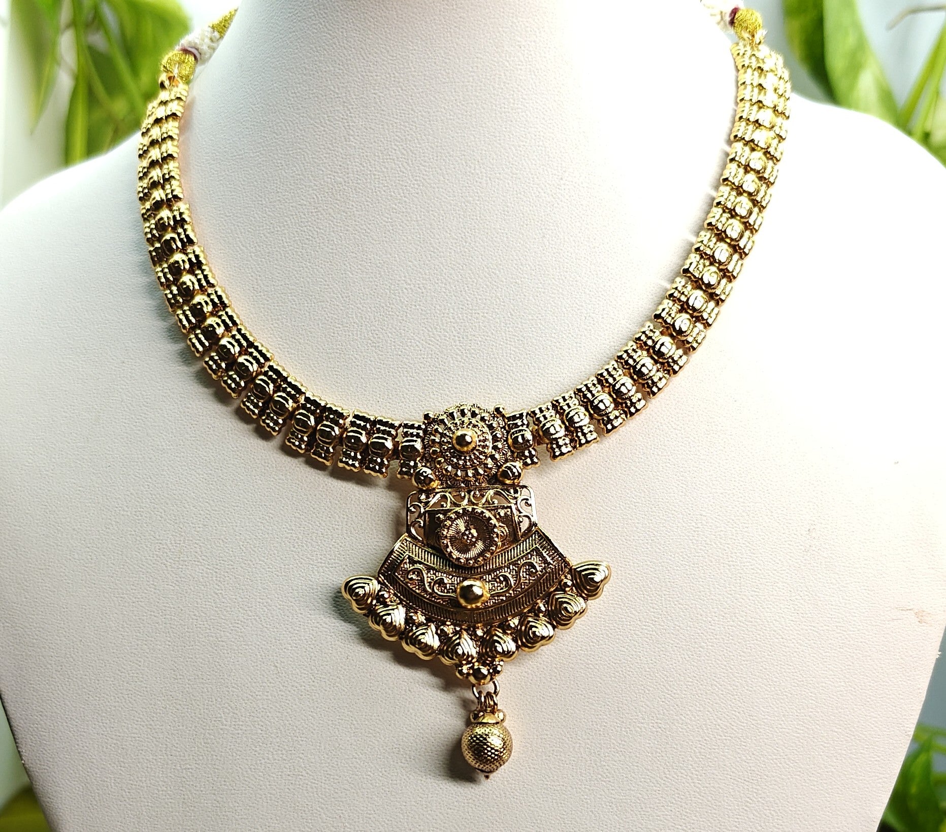 Ethnic Gold-Plated Traditional Antique Gold Choker with Shield Style Pendant Set for Women - Antique Finish / Non-Idol