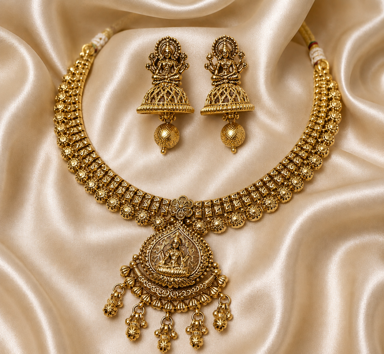 Ethnic Gold-Plated Traditional Antique Lakshmi Pendant Necklace Set for Women - Antique Finish