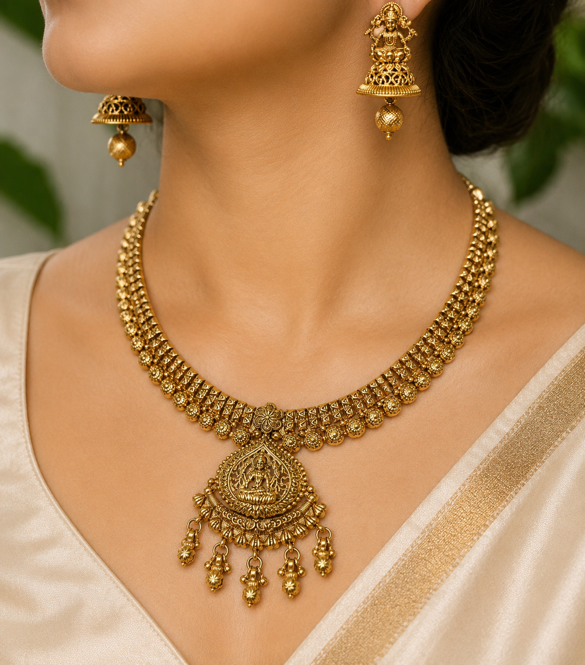 Ethnic Gold-Plated Traditional Antique Lakshmi Pendant Necklace Set for Women - Antique Finish