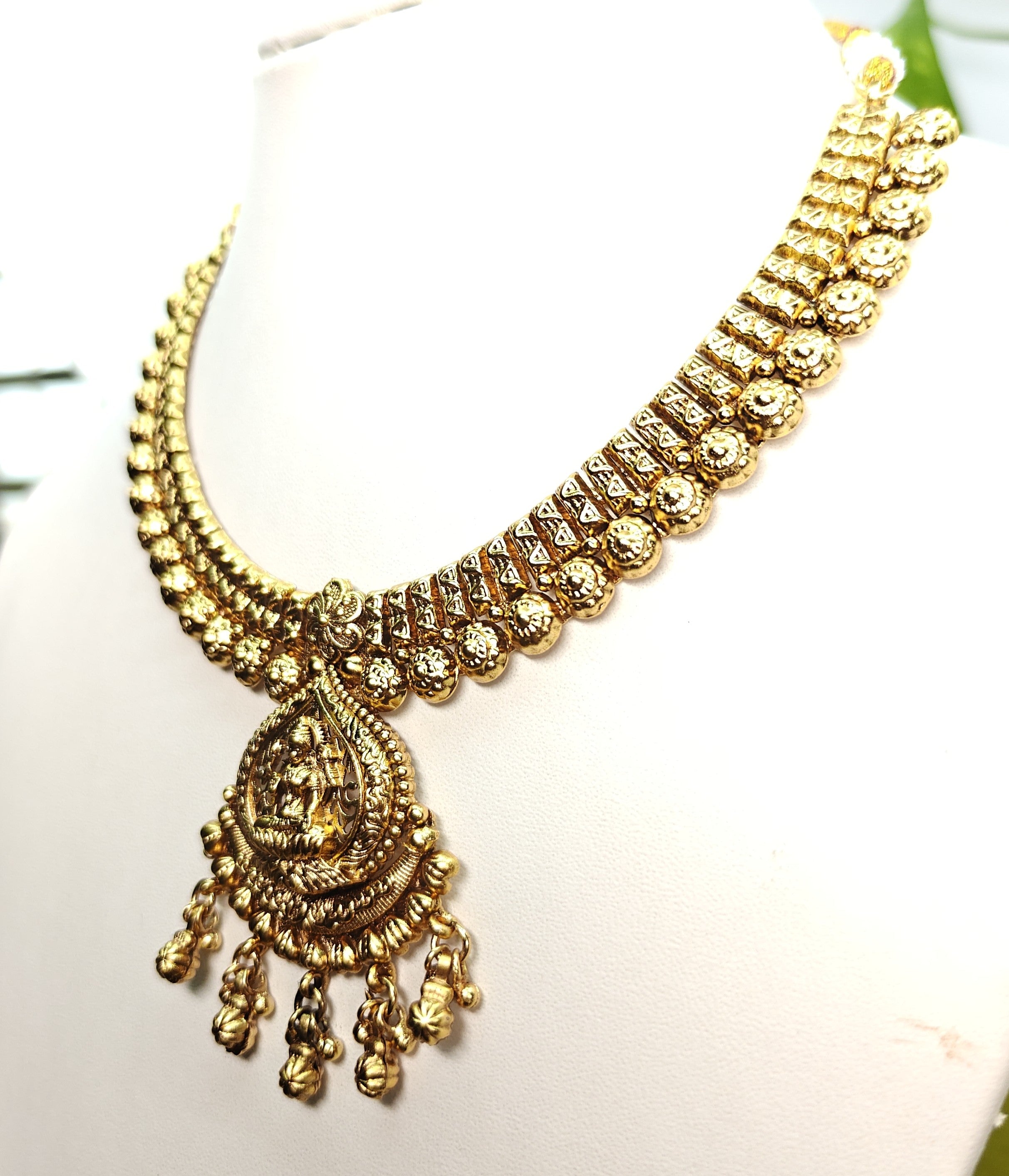Ethnic Gold-Plated Traditional Antique Lakshmi Pendant Necklace Set for Women - Antique Finish