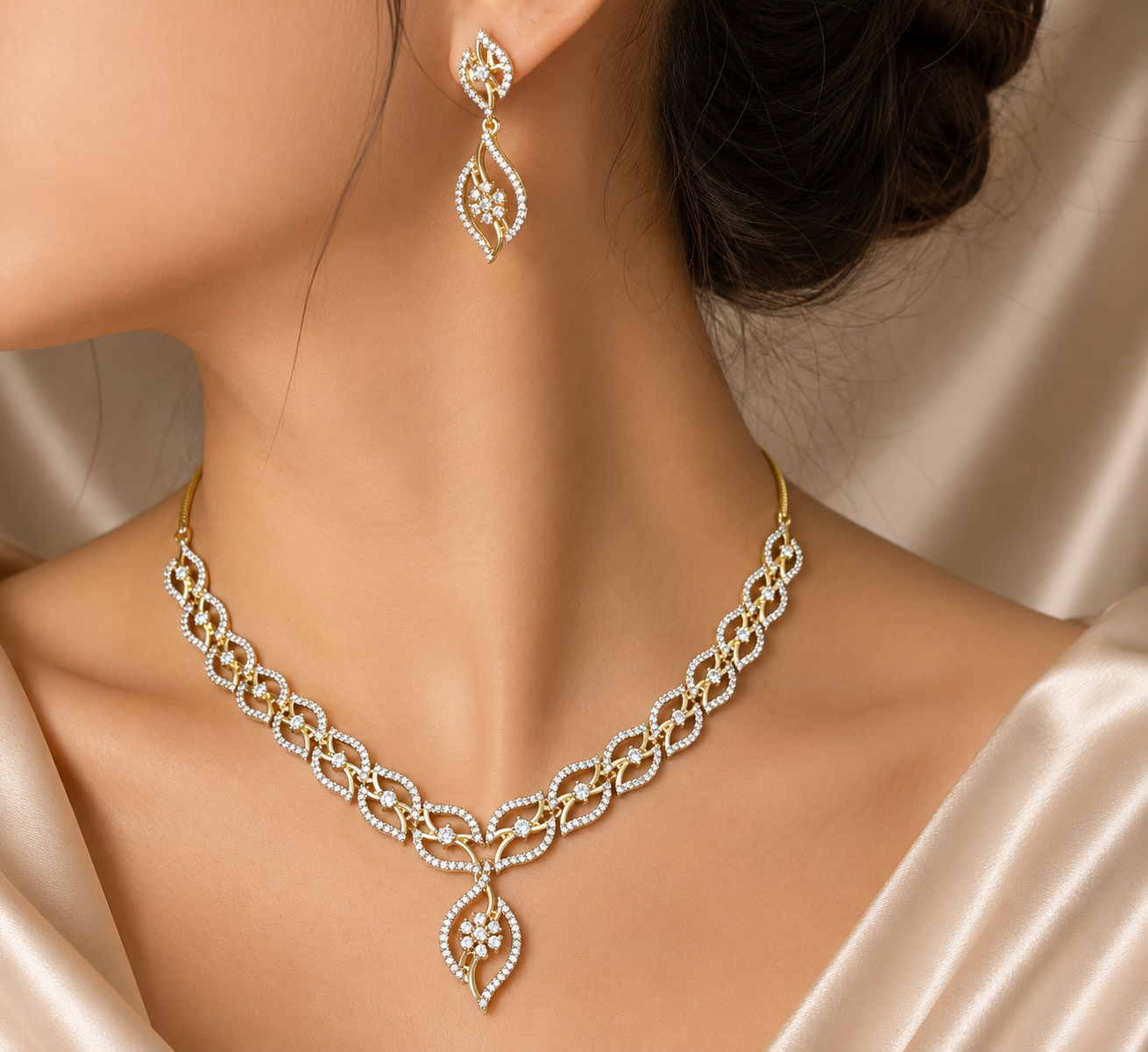 AD Gold-Plated Leaf Motif Choker Indo-Western Style Set for Women