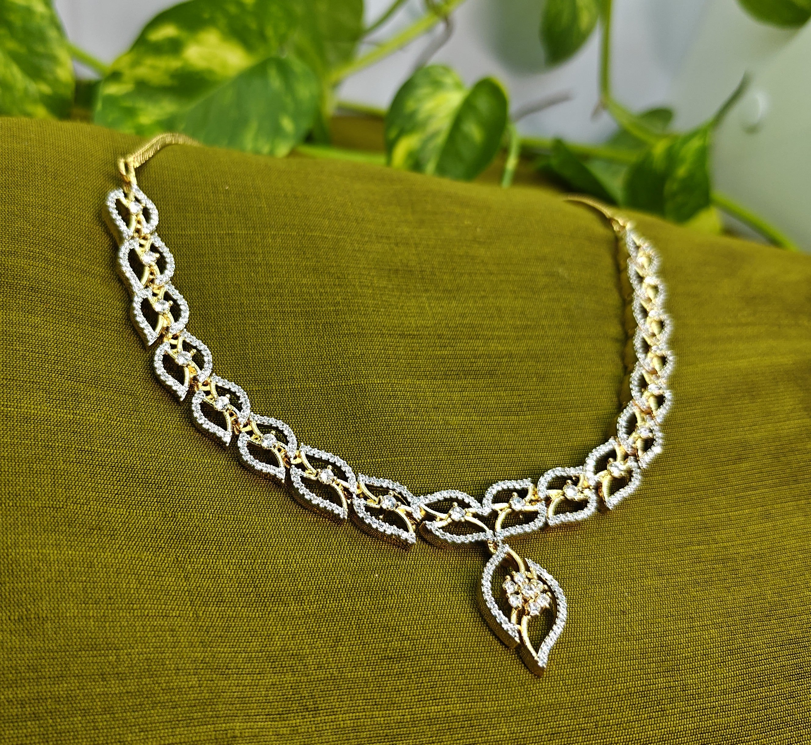 AD Gold-Plated Leaf Motif Choker Indo-Western Style Set for Women