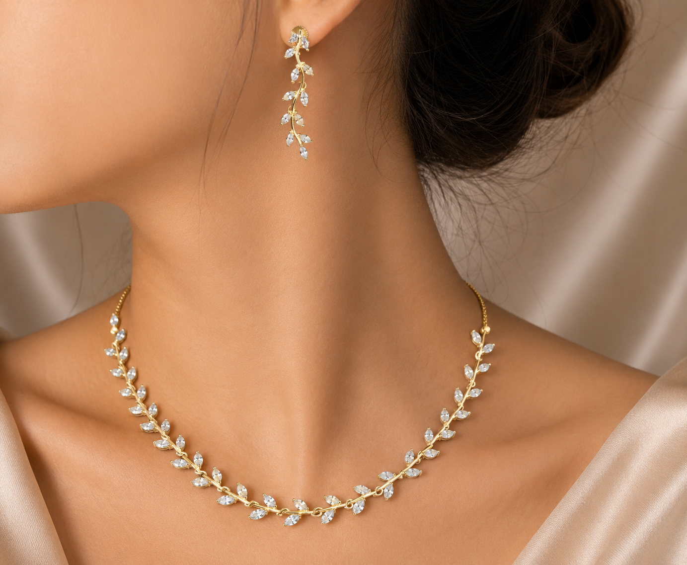AD Gold-Plated Leaf Vine Indo-Western Style Necklace Set for Women