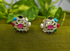 Gold Tone Navaratna Round Stud, AD Top Design Elegant Big Earrings for Women - Glossy Finish