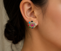 Gold Tone Navaratna Round Stud, AD Top Design Elegant Big Earrings for Women - Glossy Finish