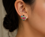 Gold Tone Navaratna Round Stud, AD Top Design Elegant Big Earrings for Women - Glossy Finish