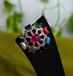 Gold Tone Navaratna Round Stud, AD Top Design Elegant Big Earrings for Women - Glossy Finish