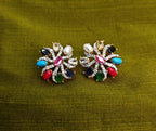 Gold Tone Navaratna Round Stud, AD Top Design Elegant Medium Earrings for Women - Glossy Finish