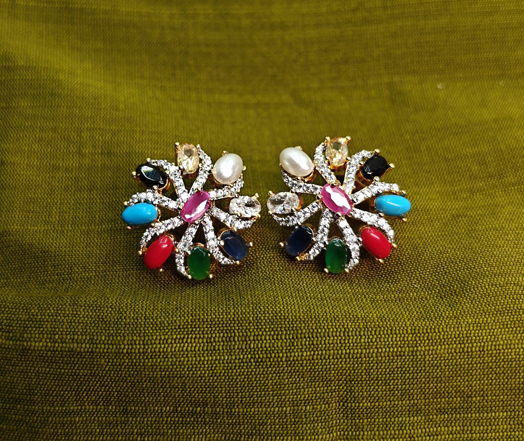 Gold Tone Navaratna Round Stud, AD Top Design Elegant Medium Earrings for Women - Glossy Finish