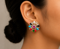 Gold Tone Navaratna Round Stud, AD Top Design Elegant Medium Earrings for Women - Glossy Finish