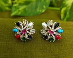 Gold Tone Navaratna Round Stud, AD Top Design Elegant Medium Earrings for Women - Glossy Finish