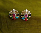 Gold Tone Navaratna Round Stud, AD Top Design Elegant Small Earrings for Women - Glossy Finish