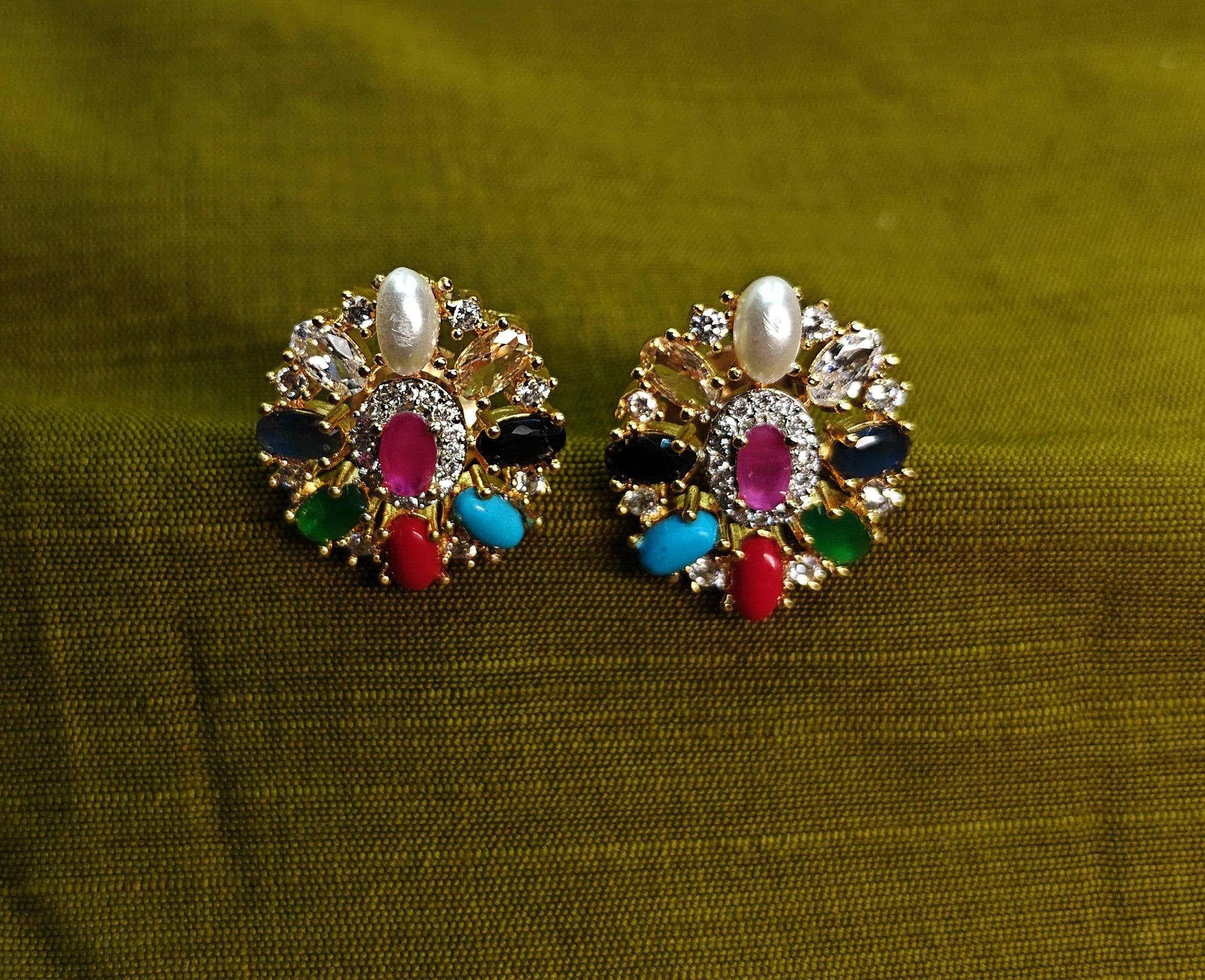 Gold Tone Navaratna Round Stud, AD Top Design Elegant Small Earrings for Women - Glossy Finish