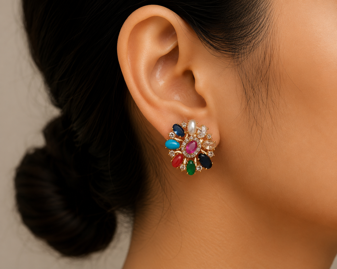 Gold Tone Navaratna Round Stud, AD Top Design Elegant Small Earrings for Women - Glossy Finish