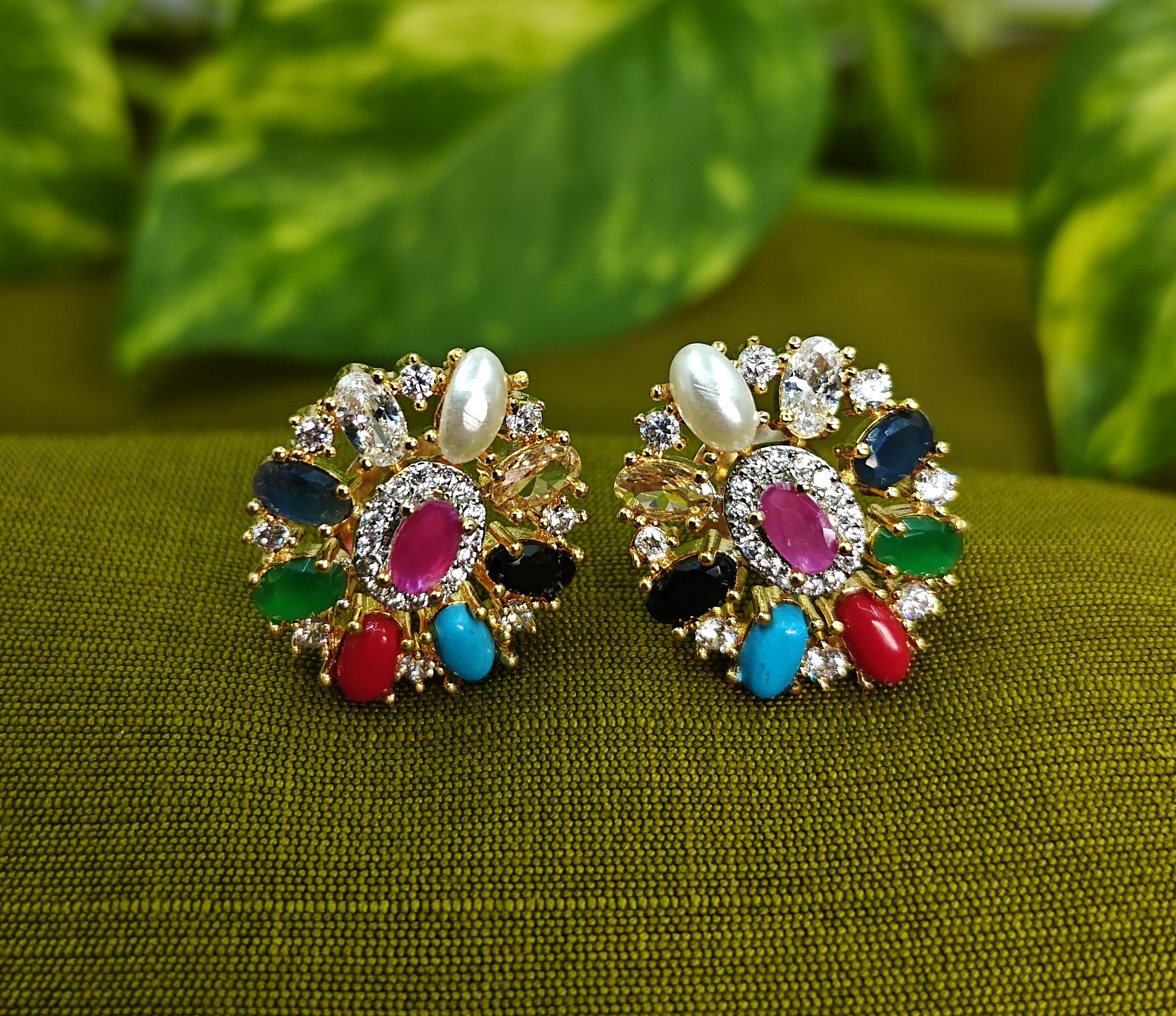 Gold Tone Navaratna Round Stud, AD Top Design Elegant Small Earrings for Women - Glossy Finish