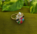Gold-Plated Navaratna, AD Big Top Elegant Finger Ring for Women - Glossy Finish / Free Size