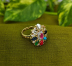 Gold-Plated Navaratna, AD Big Top Elegant Finger Ring for Women - Glossy Finish / Free Size