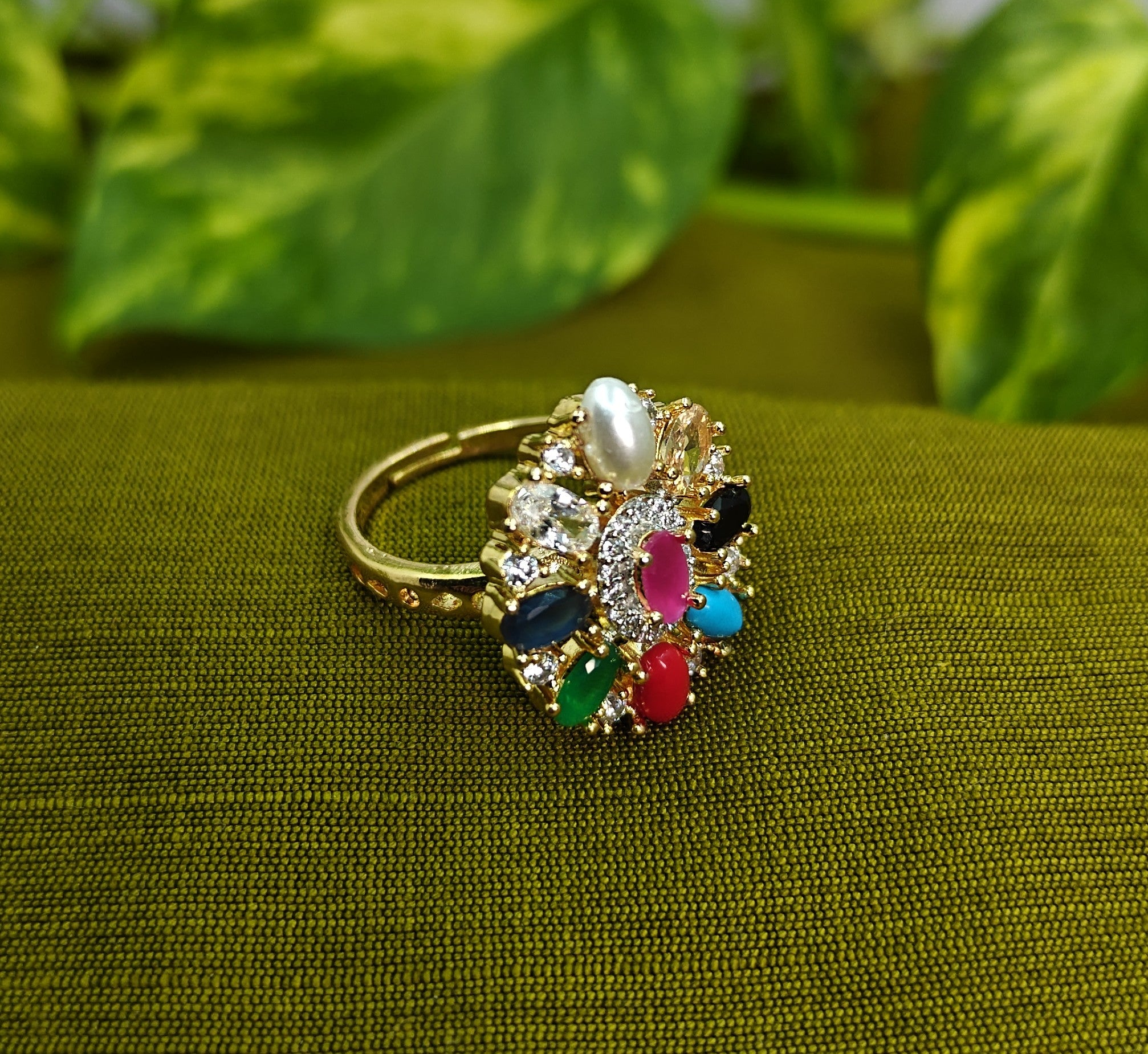 Gold-Plated Navaratna, AD Big Top Elegant Finger Ring for Women - Glossy Finish / Free Size